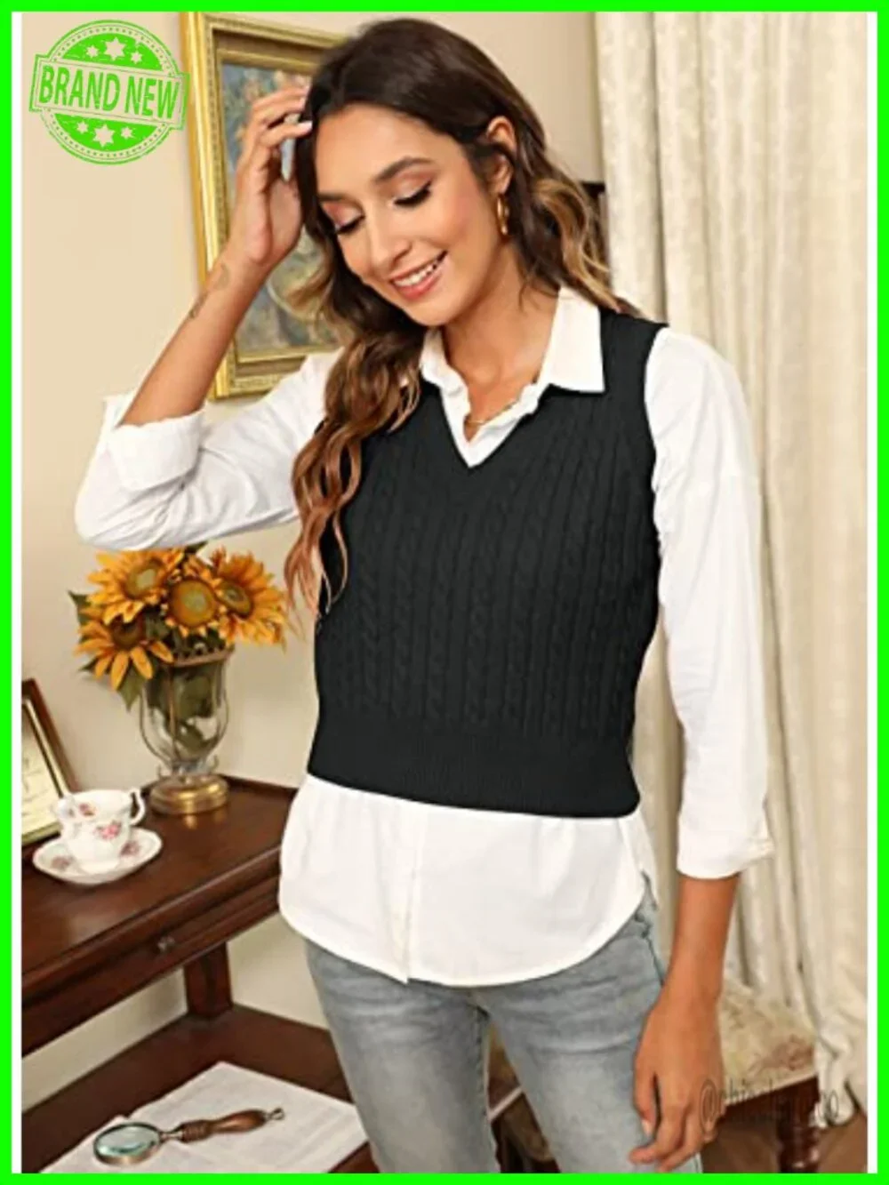 Women's Knitted V-Neck Vest Argyle Plaid Preppy Sleeveless Pullover Crop
